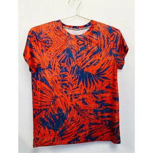 Exclusive Women Orange Blue Leaf Print Round Neck Short Sleeve T-Shirt Small NWT